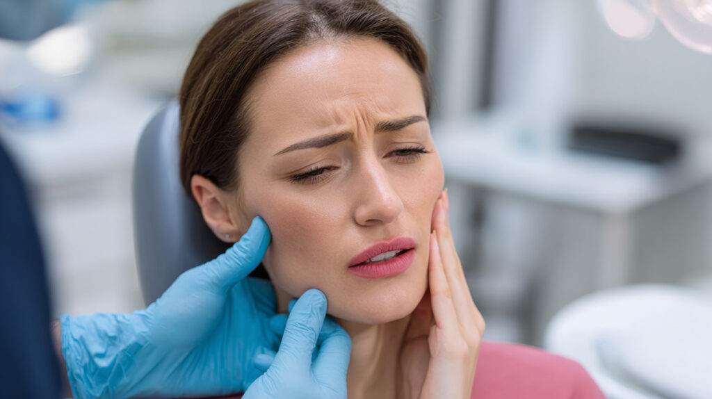 Patient experiencing jaw pain during a dental examination