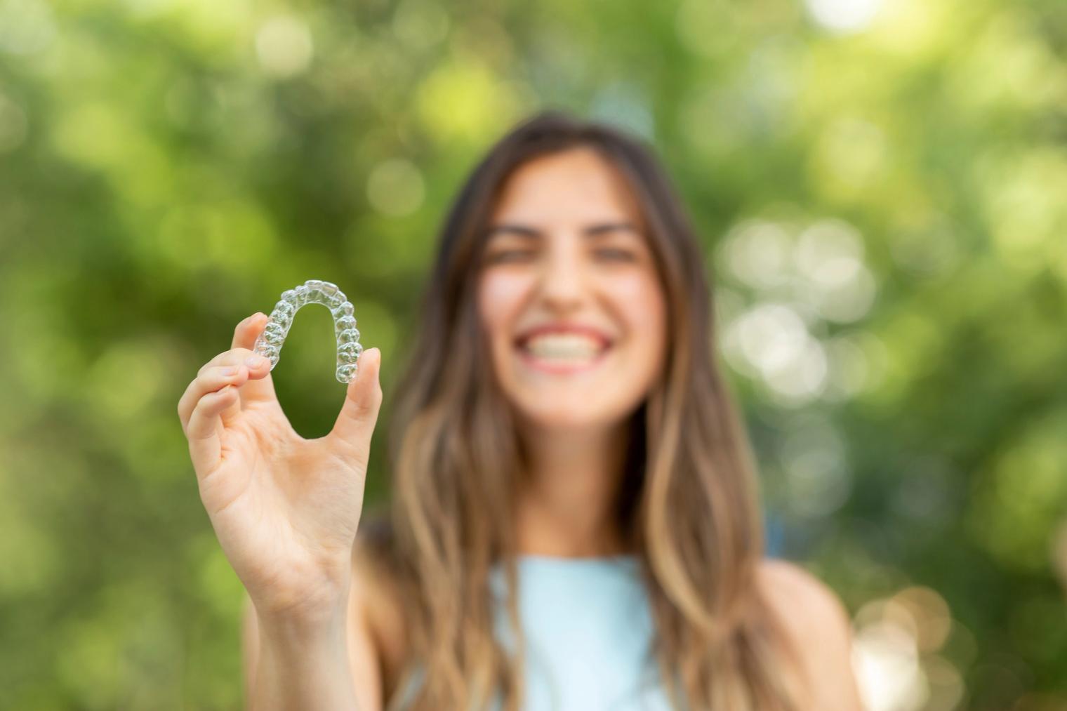 Image Alt A smiling woman, blurred, holds a clear dental aligner in focus.